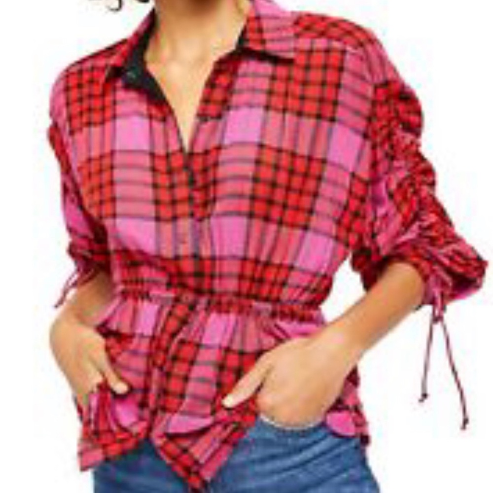 Free People Red/Pink Plaid Top Size S